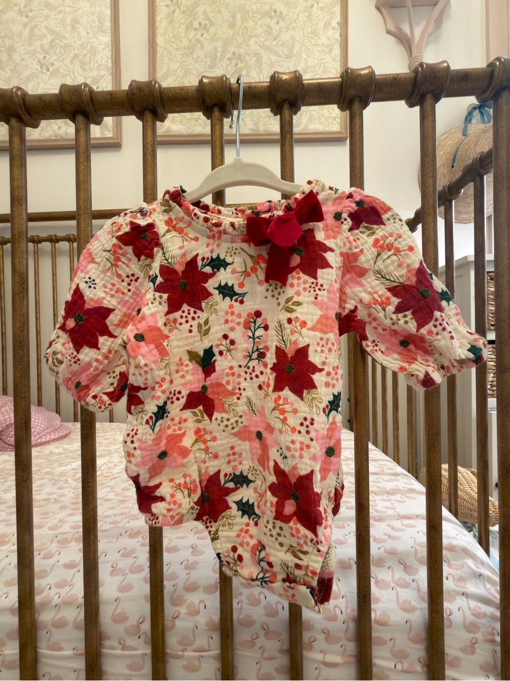 Mud Pie Pink & Red Quilted Floral Puff Sleeve bubble Romper with Bow 3-6M